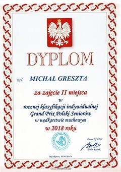 Dyplom dla Michała Greszta z Greszta Fishing wędkarstwo muchowe za zajęcie II miejsca rocznej klasyfikacji generalnej seniorów